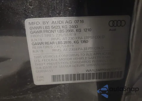 2017 Audi Q5 2.0T Premium z USA, uszkodzony, nr VIN WA1L2AFP6HA023137